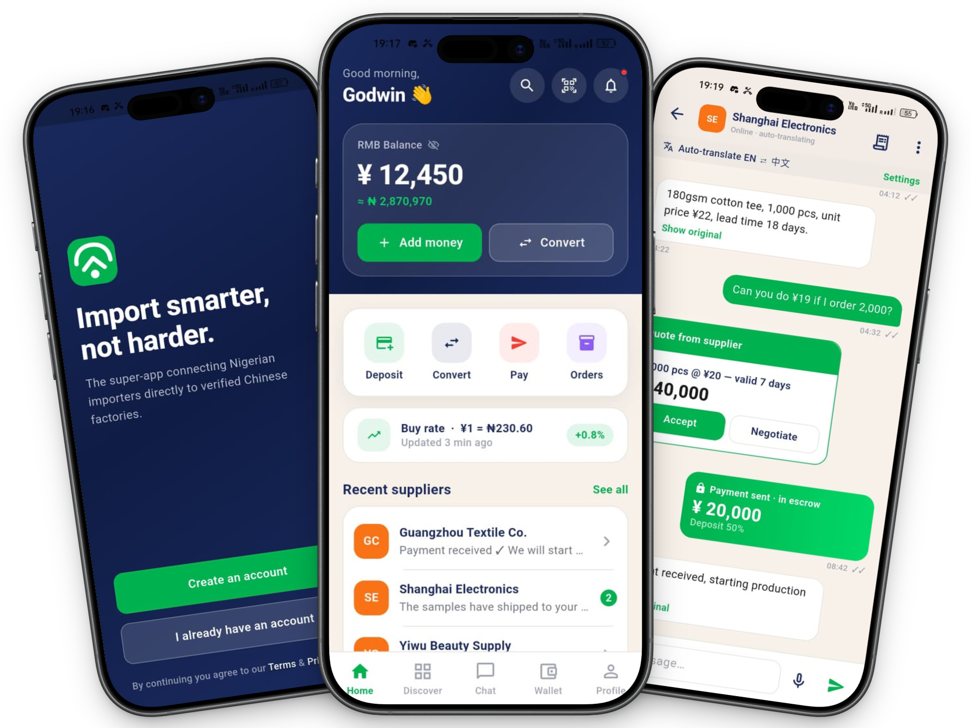 Korvanta app screens — onboarding, RMB wallet and auto-translating supplier chat