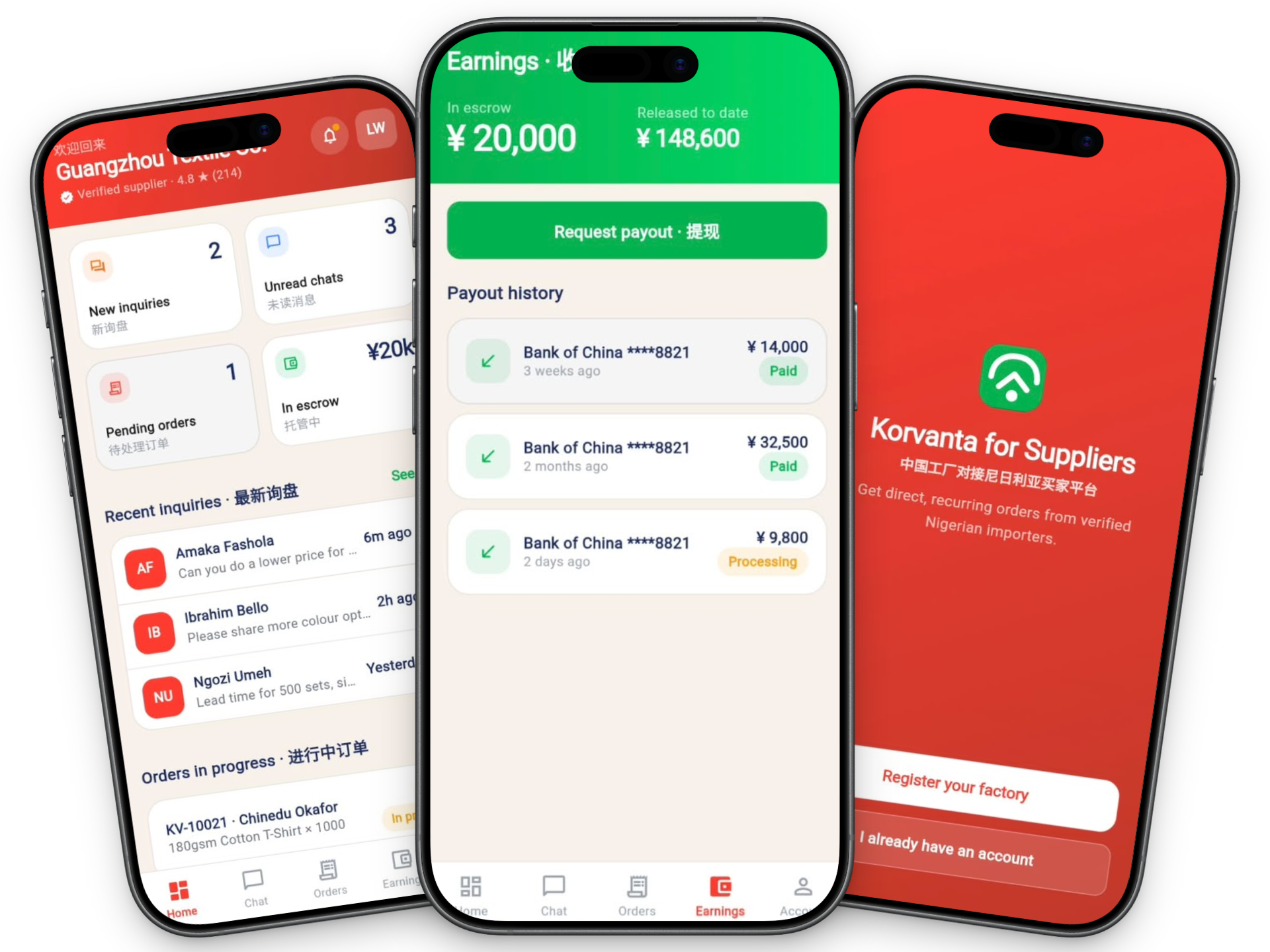 Korvanta Business app screens — supplier dashboard, escrow earnings and payout history